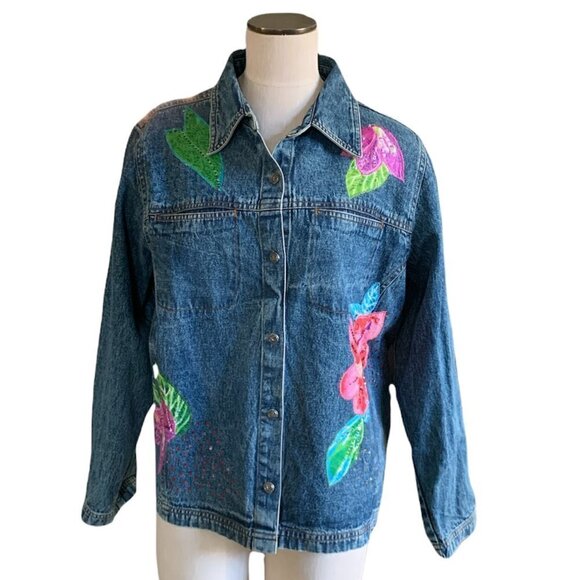 VTG BOHO Floral Embroidered Denim Jean Jacket Sz 1XL by Mirasol #73F - Picture 1 of 8